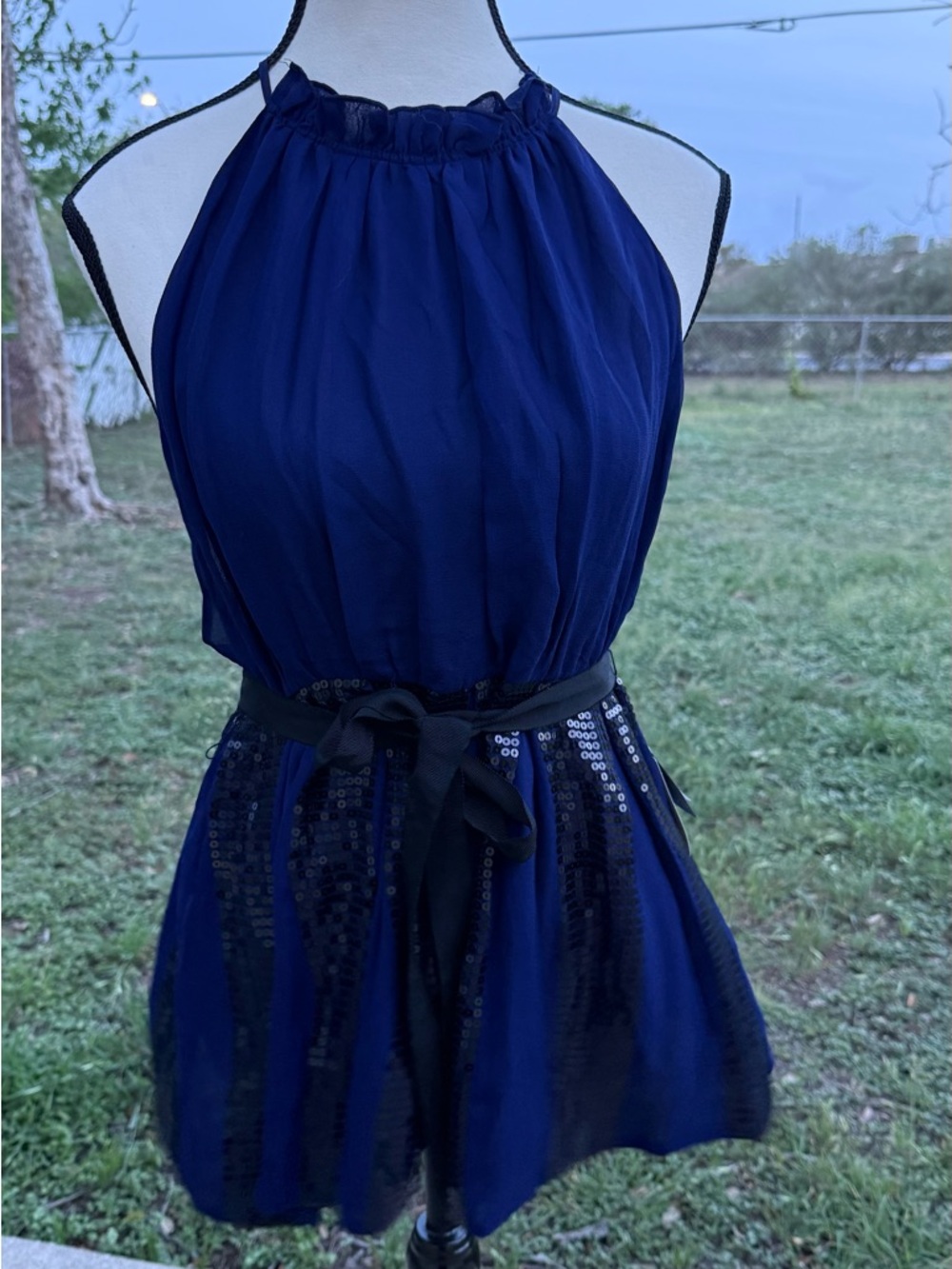NWT 100% Y2K Whimsy Goth Silk Vintage Navy halter top with sequin panels